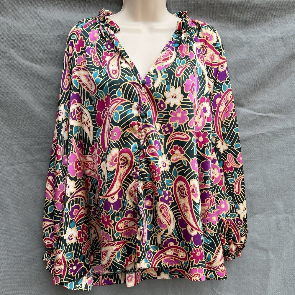 UMGEE Size Medium M Satin Sheen Paisley Ruffle Blouse Shirt Top Colorful